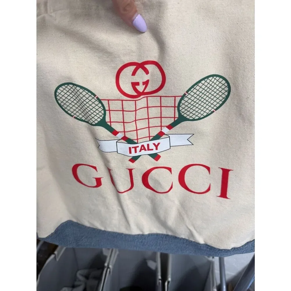 Gucci Upcycled Canvas Tote Red Straps Green Tennis Graphic - Denim Pockets